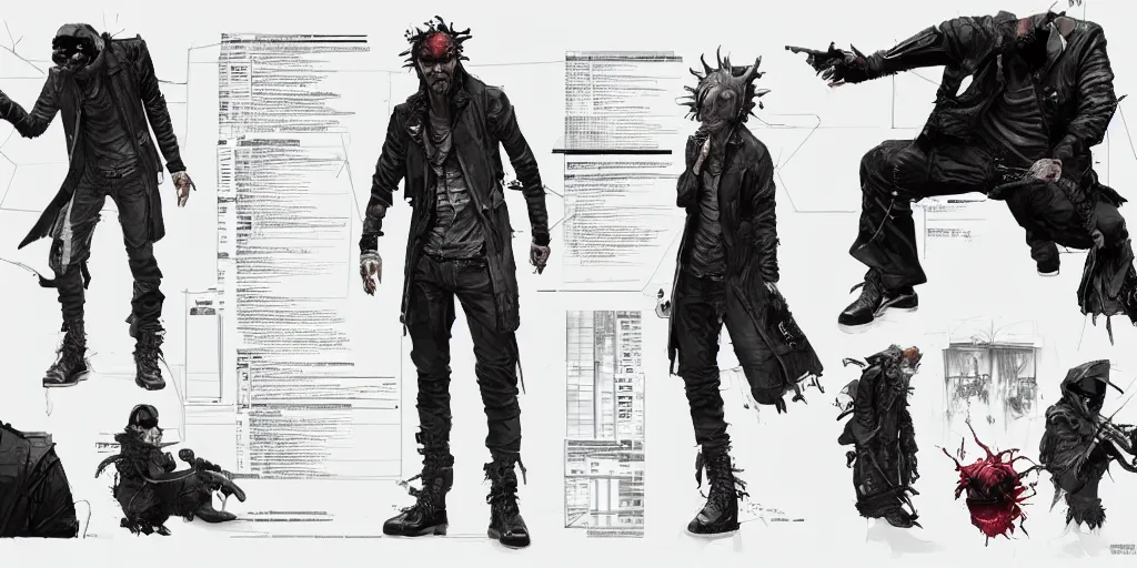 Image similar to Cyberpunk Tom Waits design, character sheet, Kim Jung Gi, Greg Rutkowski, Zabrocki, Karlkka, Jayison Devadas, Phuoc Quan, trending on Artstation, 8K, ultra wide angle, zenith view, pincushion lens effect