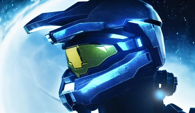 Image similar to cyberpunk halo helmet floating in space with reflections, epic, dramatic, photorealistic, award winning, 8k,