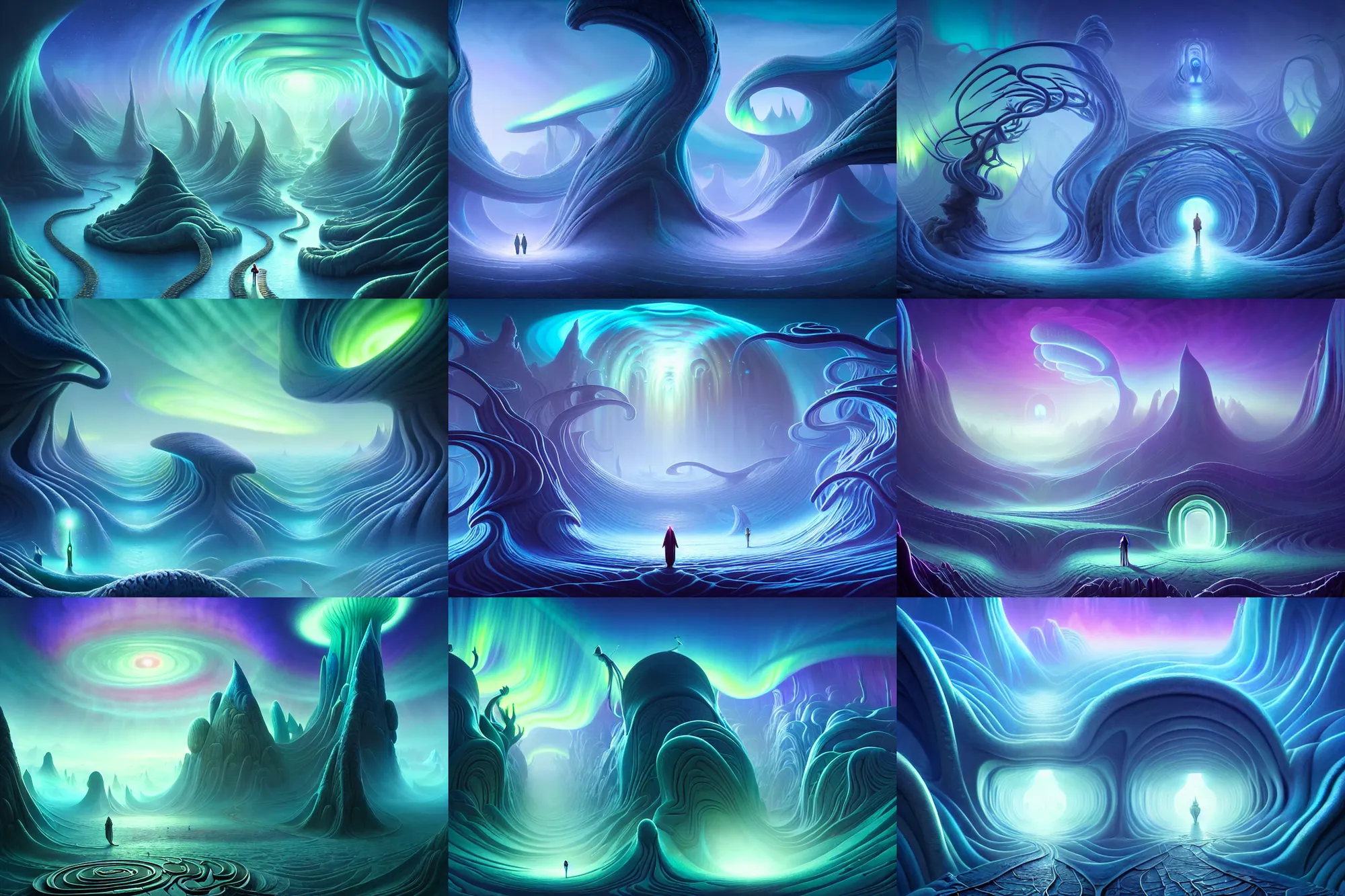 Prompt: an epic elite masterpiece mysterious sci - fi matte painting of a winding path through arctic dream worlds with surreal structures inspired by heironymous bosch's garden of earthly delights, surreal ice landscapes by asher durand and cyril rolando and natalie shau and thomas kinkade, insanely detailed and intricate, elegant, northern lights, synthwave, ethereal aurora spirits