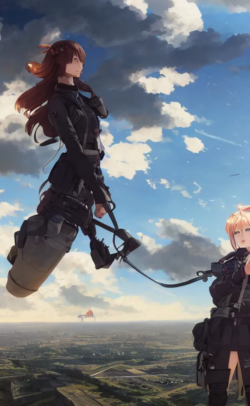 Image similar to panoramic view, a pilot girl, soldier clothing, battlefield in background, anime style, hair down, symmetrical facial features, realistic hands, from arknights, hyper realistic, 4 k, extreme detail, d & d, trending artstation, safebooru, realistic lighting, by alphonse mucha, greg rutkowski, sharp focus