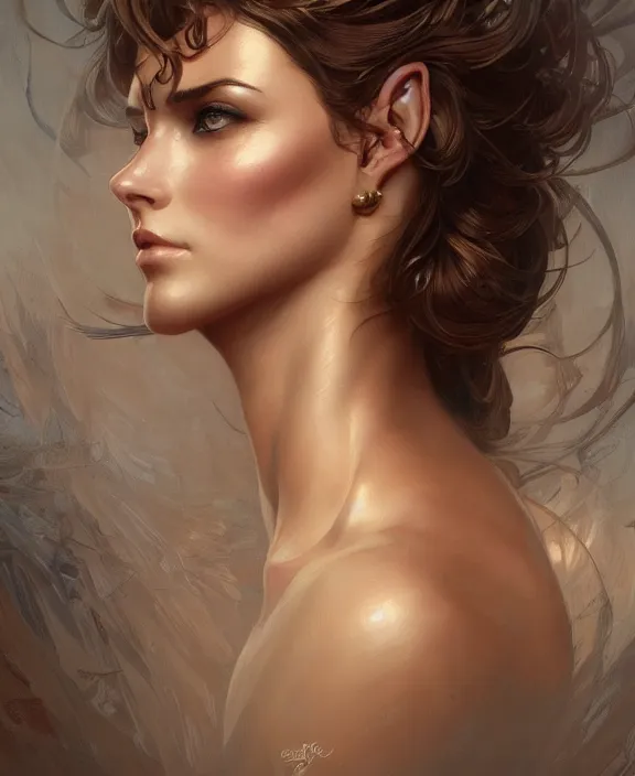 Image similar to portrait close up of woman, concentrated look, symmetry, d & d, fantasy, intricate, elegant, highly detailed, digital painting, artstation, concept art, art by artgerm and greg rutkowski and alphonse mucha, boris vallejo