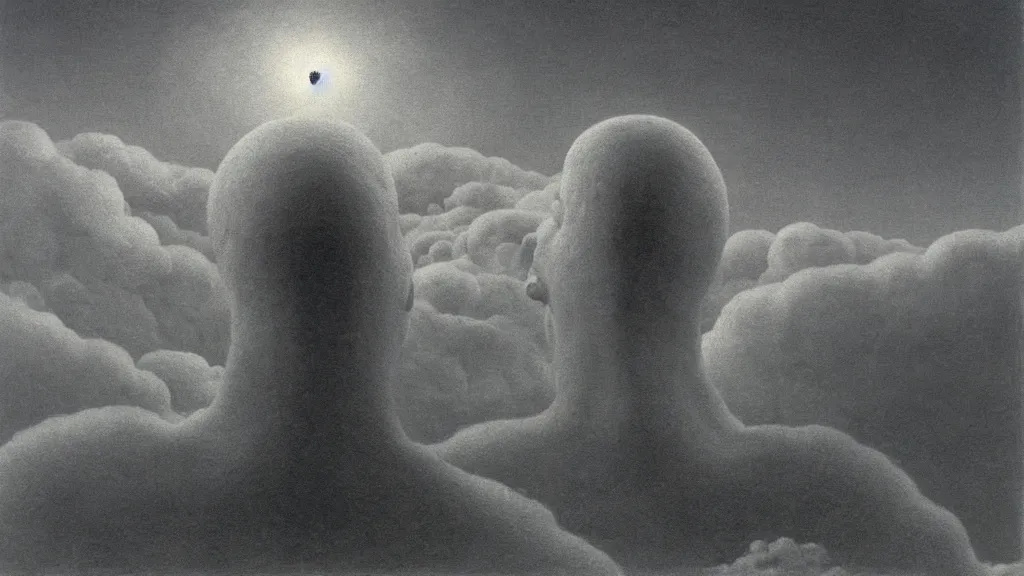 Prompt: close up of two men looking up the sky. the sky is totally black. art by zdzisław beksinski