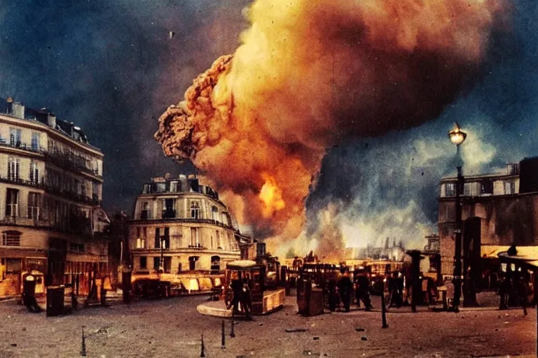 Image similar to paris blowing up, colourised, cinematic photograph, explosion, epic photograph, amazing lighting, destruction, stunning,