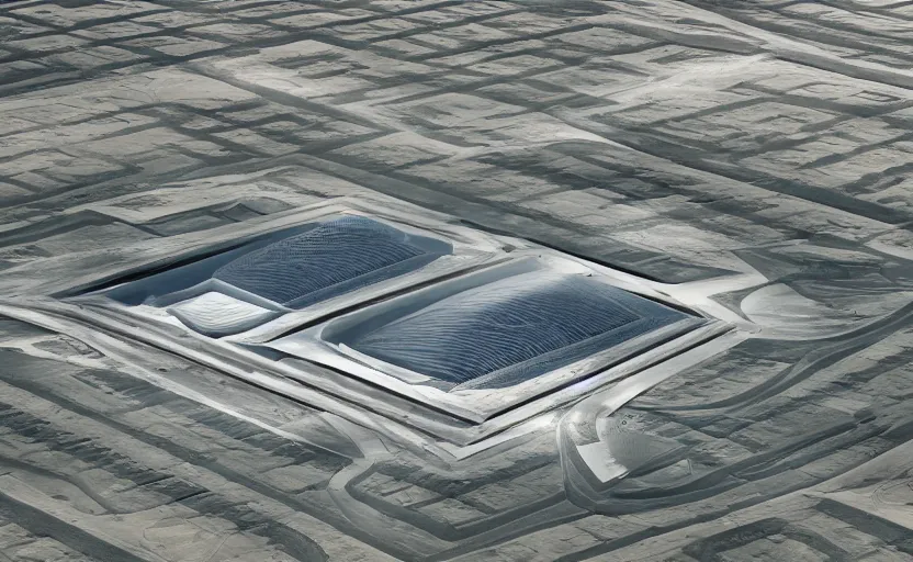 Prompt: parametric structure, medical complex, in the desert beside the gulf, view from above, design by denis villeneuve, dezeen, architectural photography