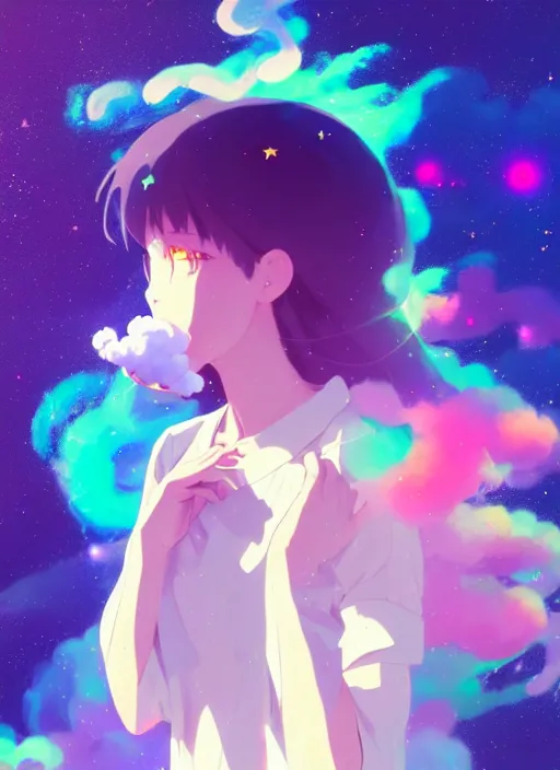 Image similar to portrait of a very cute girl blowing a vape cloud of psychedelic galaxies, smoke made of stars, white background, illustration concept art anime key visual, very trippy and abstract, trending pixiv fanbox by wlop and greg rutkowski and makoto shinkai and studio ghibli and kyoto animation