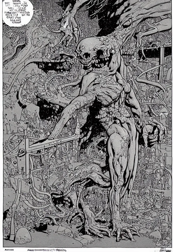 Image similar to by moebius and atey a monster in a graveyard |