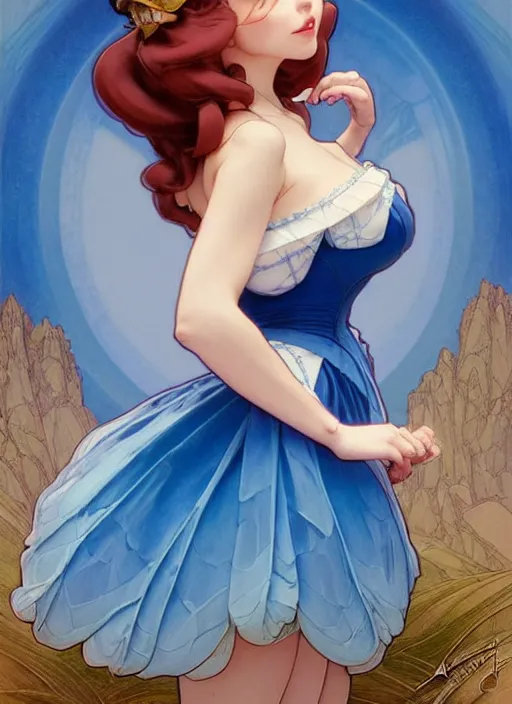 Image similar to concept art by artgerm, portrait of pinup disney alice in wonderland in blue dress, soft natural light, intricate, elegant, highly detailed, mountain background with houses and river, digital painting, artstation, concept art, smooth, sharp focus, illustration, art by greg rutkowski and alphonse mucha and uang guangjian and gil elvgren, symmetry!!