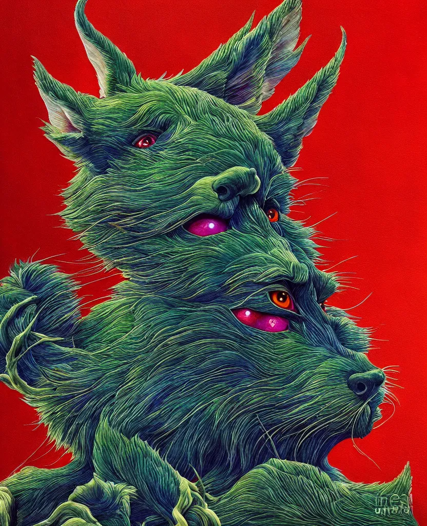 Image similar to beautiful painting cell shading from the anime film by studio ghibli, red anthropomorphic dog slitscan video effect, painting by Raqib shaw, detail fur,