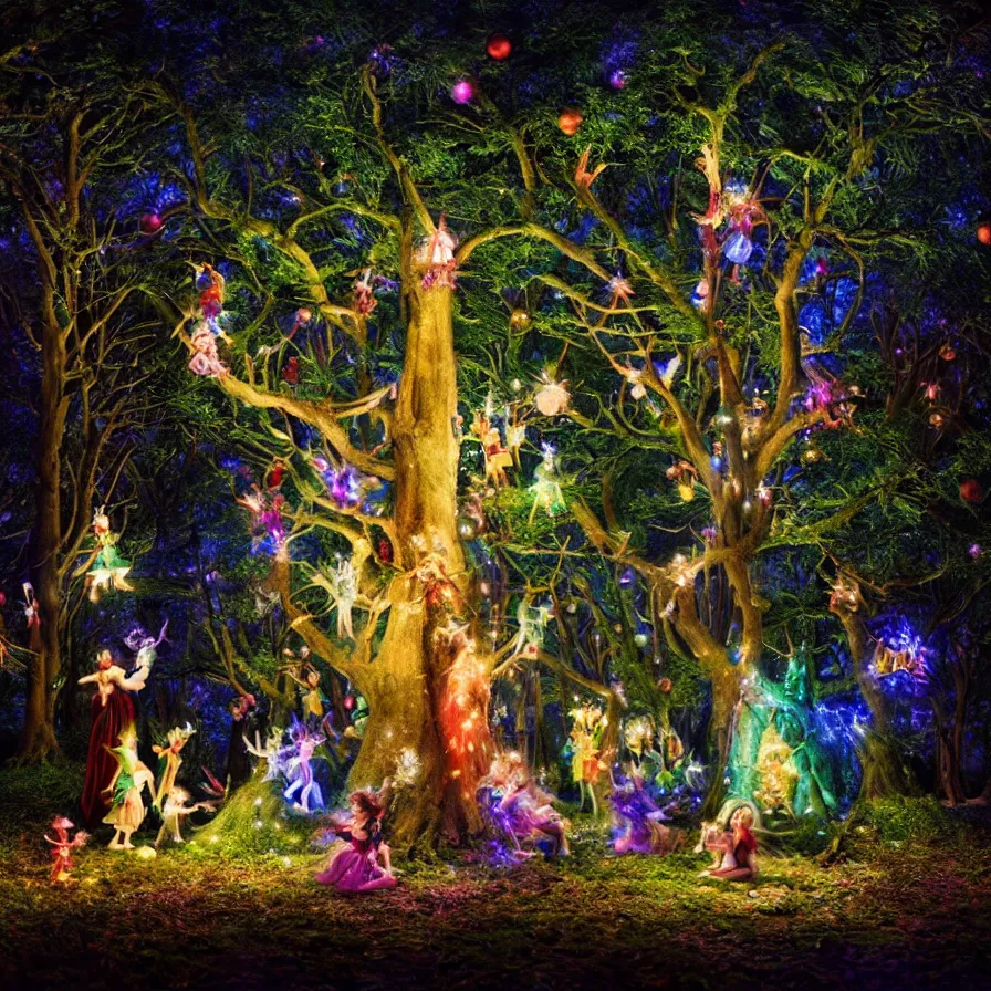 Image similar to photography award of a night carnival fairies around a magical tree, christmas lights, creatures and fantastic people disguised as fantastic creatures in a magical forest by summer night, masterpiece photography by gregory crewdson and john anster fitzgerald, volumetric lightning