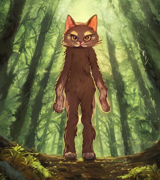 Image similar to character portrait of the anthro anthropomorphic cat head animal person fursona standing in the bright forest, hidari, color page, tankoban, 4 k, tone mapping, akihiko yoshida