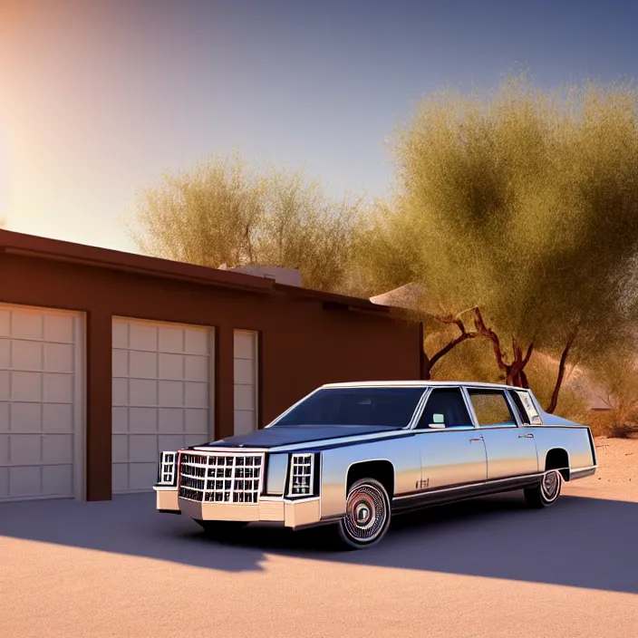 Image similar to hyper realistic, high detail photo of desert house with cadillac in the driveway, beautiful, happy lighting