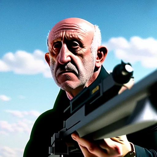 Prompt: film still of mike ehrmantraut aiming with a sniper rifle on a rooftop, 4 k, highly detailed