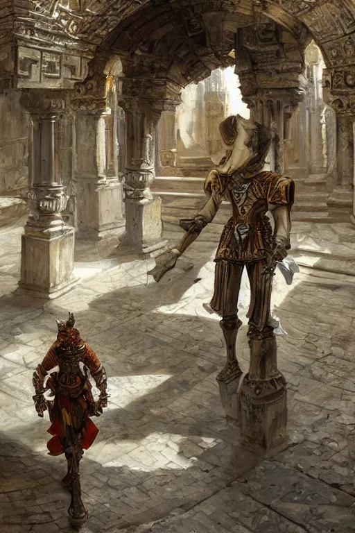 Image similar to an biomechanical palace guard walking through the byzantine courtyard by anders zorn, wonderful, mandelbulb 3 d buildings, fractal designs, dynamic, masterpiece by greg rutkowski, beautiful cinematic light, by greg manchess, jessica rossier