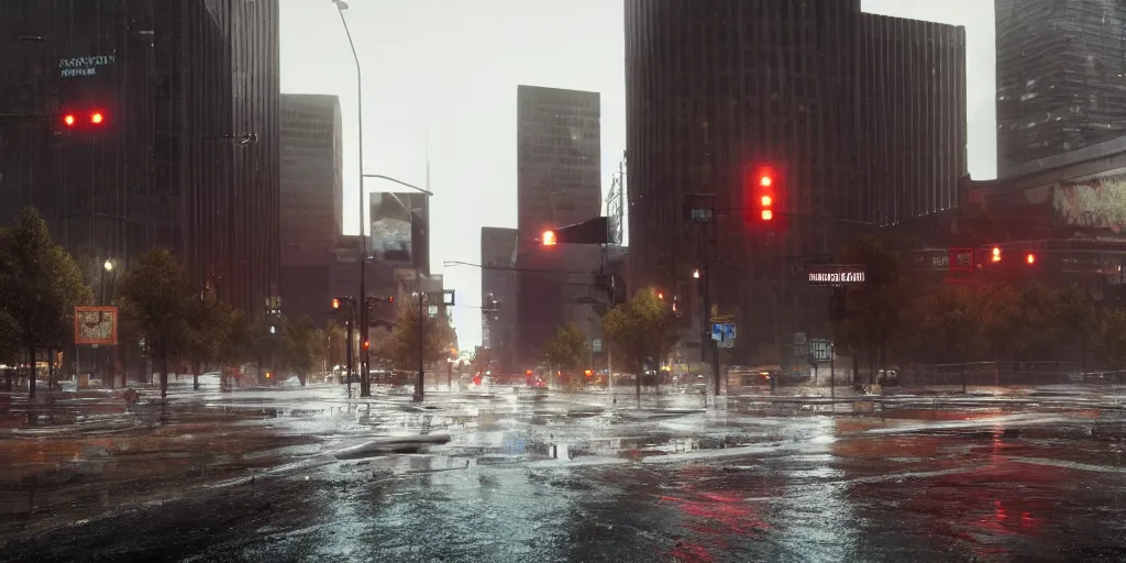 Prompt: end - stage capitalist downtown denver with heavy rain, cinematic, ultra - realistic, ultra - detailed, octane render, unreal engine 5, depth of field