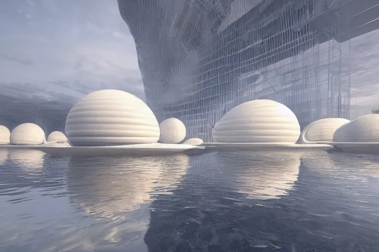 Image similar to many white round spherical buildings, it depends on each other to form a modern science fiction building ， by pierre bernard, on the calm lake, people's perspective, future, interior wood, dusk, unreal engine highly rendered, global illumination, radial light, internal environment