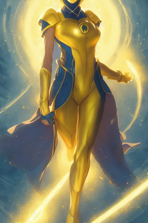 Image similar to anime key visual of a beautiful young female doctor fate!! intricate, cape, glowing, powers, dc comics, cinematic, stunning, highly detailed, digital painting, artstation, smooth, hard focus, illustration, art by artgerm and greg rutkowski and alphonse mucha