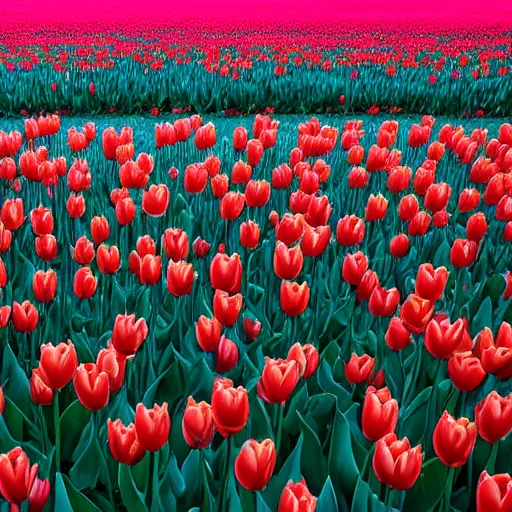 Image similar to A 4k photo of a field of tulips, blue skies, high contrast, early morning
