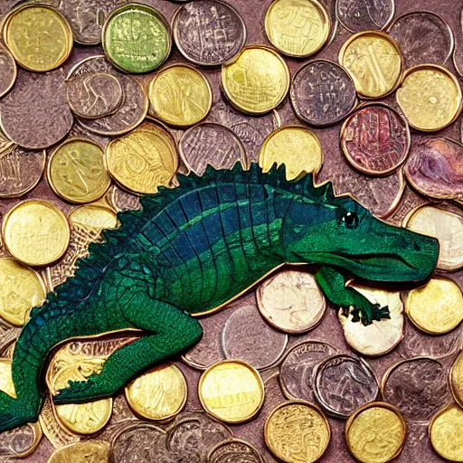 Image similar to gator sleeping on pile of coins and rubies, river, green, brown, blue, airbrush