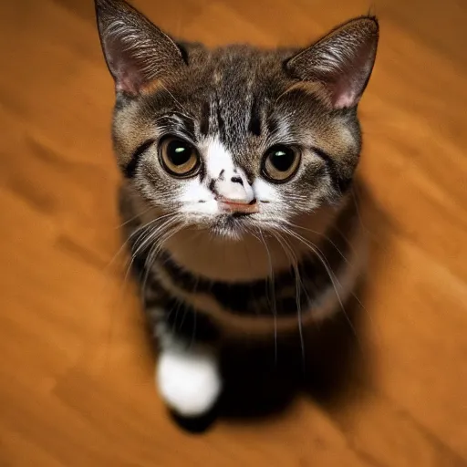 Image similar to cute cat with stumpy tiny legs, view from floor, cinematic lighting