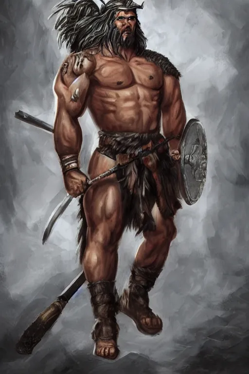 Image similar to full body shot of a muscular barbarian with a mohawk, fantasy art