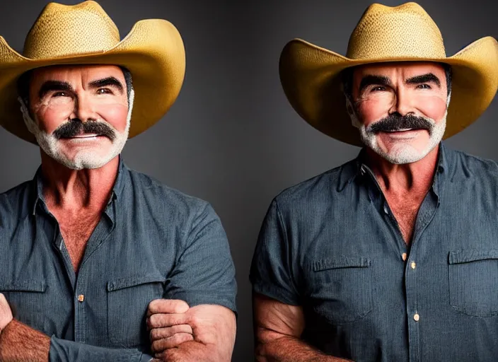 Image similar to studio portrait photo still of 3 0 year old burt reynolds!!!!!!!! at age 3 0 3 0 years old 3 0 years of age!!!!!!! wearing a cowboy hat holding a bucket of fried chicken, 8 k, 8 5 mm f 1. 8, studio lighting, rim light, right side key light