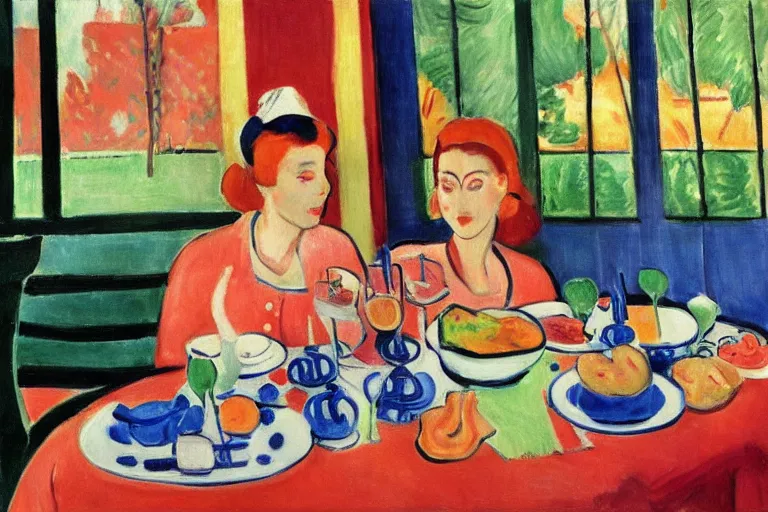 Image similar to a fancy breakfast scene at a country club by henri matisse and linda wilder, oil painting, highly detailed, saturated colors 4 k