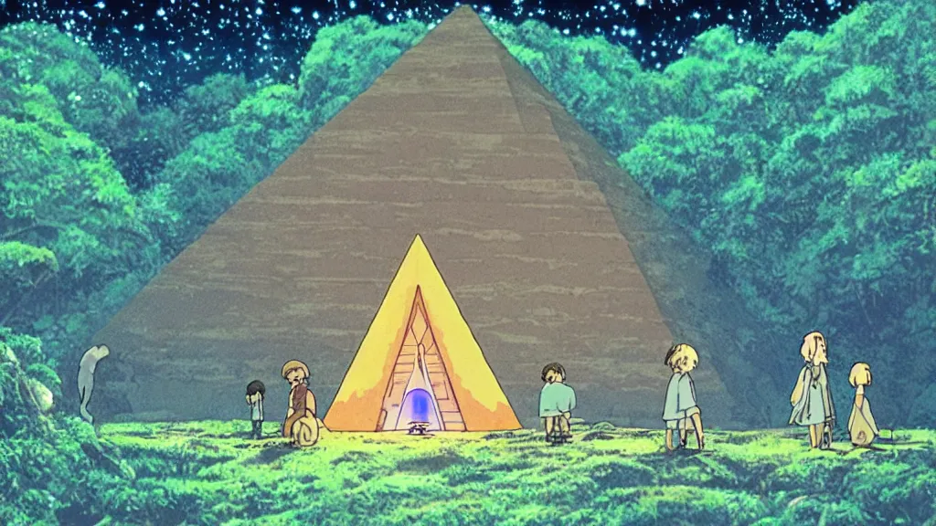 Image similar to a movie still from a studio ghibli film showing a glowing pyramid in the rainforest. a group of giant aliens meditate outside on a misty and starry night. by studio ghibli