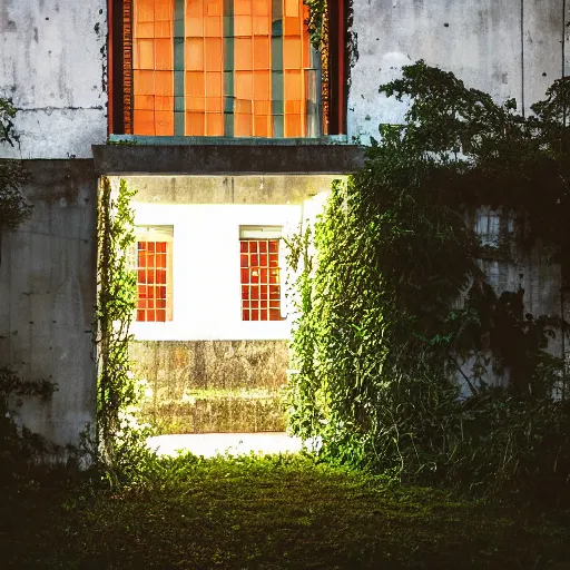 Image similar to overgrown building with white walls, orange light comes from inside, night