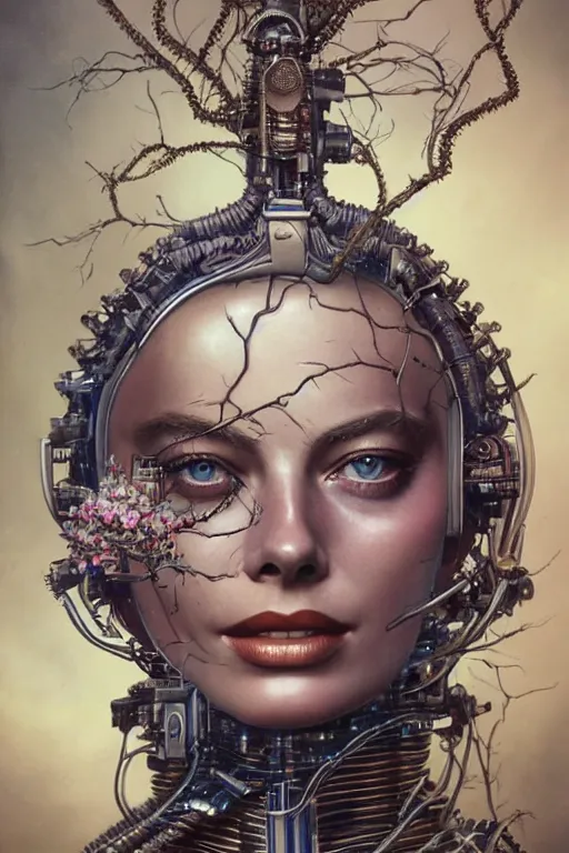 Prompt: a beautiful ultradetailed vintage photo of margot robbie as a cybernetic cyborg, by tom bagshaw and natalie shau, portrait, vignette, 3 5 mm lens, golden ratio composition, detailed faces, studio photography, very detailed, robot overgrown with flowery vines, artstation, 8 k, highly coherent