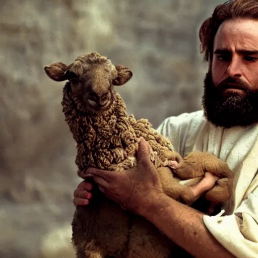 Prompt: cinematic still of depressed man with beard in ancient Canaanite clothing cradling a lamb, sad, anguished, somber, serious, directed by Terrence Malick