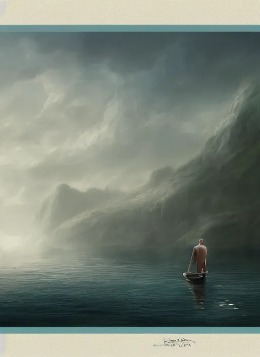 Prompt: man in a boat in a body of water, a detailed matte painting by richard mortensen, cgsociety, fantasy art, matte painting, concept art, made of mist