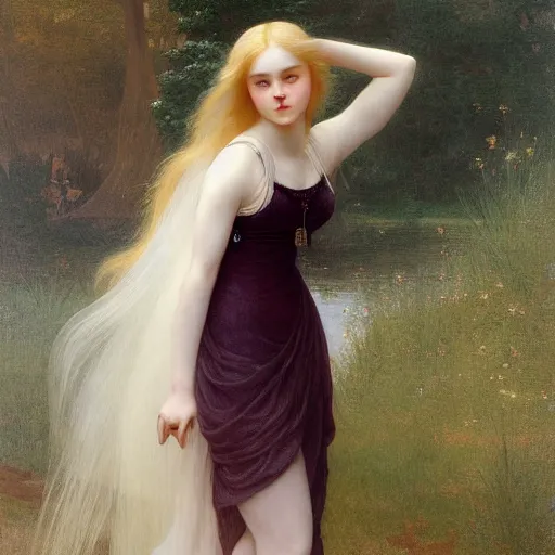 Image similar to Painting of Elle Fanning as Aurora. Art by william adolphe bouguereau. During golden hour. Extremely detailed. Beautiful. 4K. Award winning.