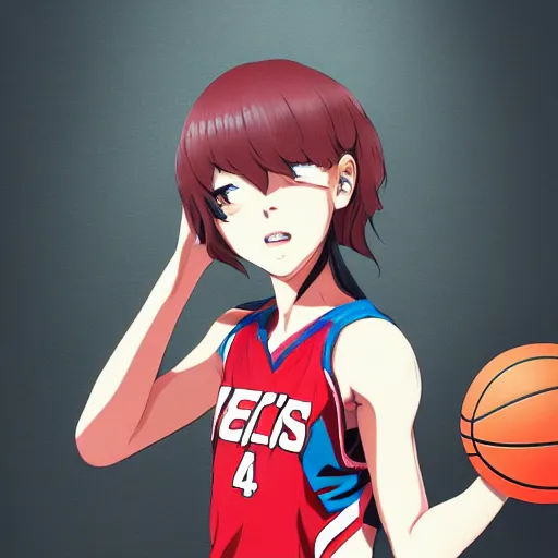 Prompt: Beautiful anime female basketball player leaning against a basketball in her room, anime key visual, lois van baarle, ilya kuvshinov, rossdraws, artstation