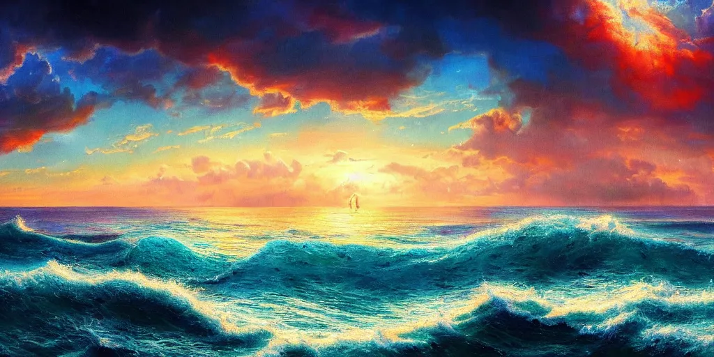 Image similar to Even if our mouths where filled with song like the splitting sea, and our tongues full of joy like it’s manny waves we could never reach Your praise, surrealism, musical notes, EPIC ,beautiful sea landscapes, Very colorful painting 8k trending on art station, Intricate details, very realistic, cinematic lighting, volumetric lighting,