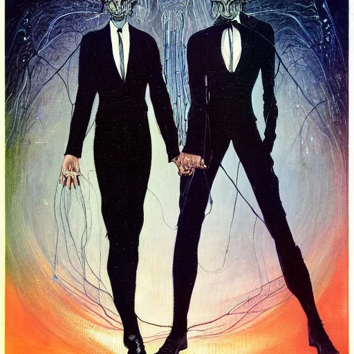 Prompt: two lovers wearing a suit made of nervous system, channeling third eye energy, surrounded by a background of dark cyber mystic void, midnight hour, painted part by wojciech siudmak, part by ilya repin, part by norman rockwell, part by hype williams, artstation