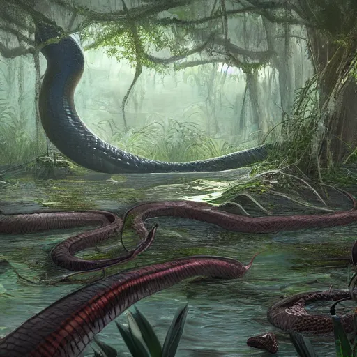 Image similar to a giant anaconda in a dense swamp landscape by ArtStationHQ