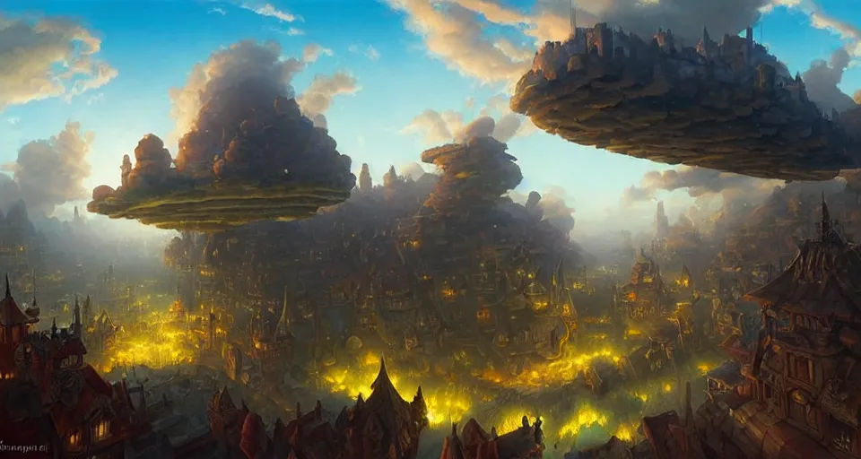 Image similar to landscape an fantasy town in the sky and an skyship flying towards it, andreas rocha