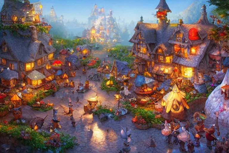 Image similar to mousefolk cozy fantasy village street view by artgerm and Craig Mullins, James Jean, Andrey Ryabovichev, Mark Simonetti and Peter Morbacher 16k