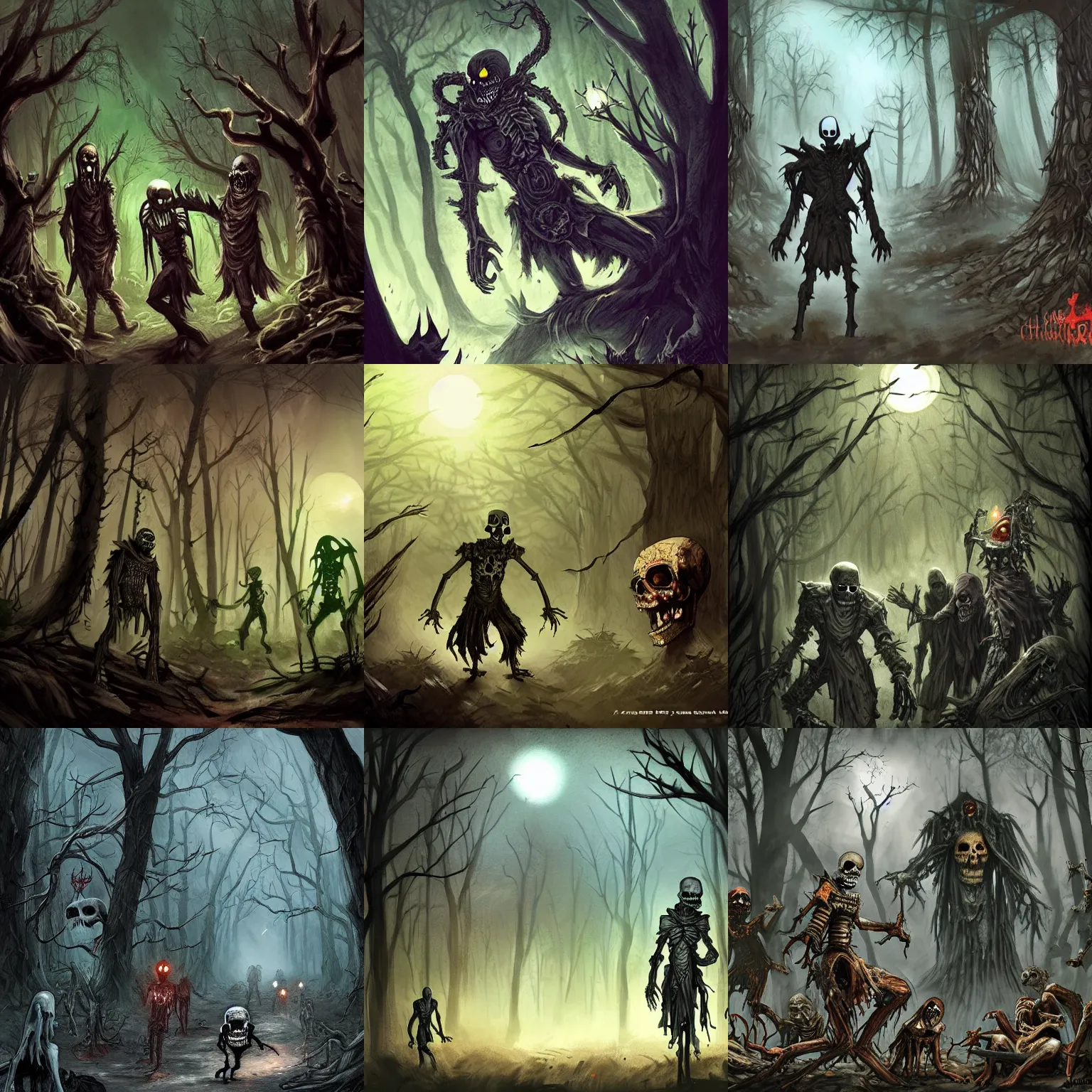 Prompt: scary skeletons and zombies in a forest at night, d & d, concept art, fantasy art