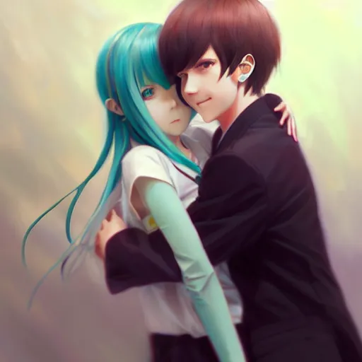 Prompt: photorealistic, a high detail portrait of Hatsune Miku hugging a young man by krenz cushart ilya kuvshinov, by BUNBUN, CLIP STADIO, mad painting, pixiv key visual manga cover