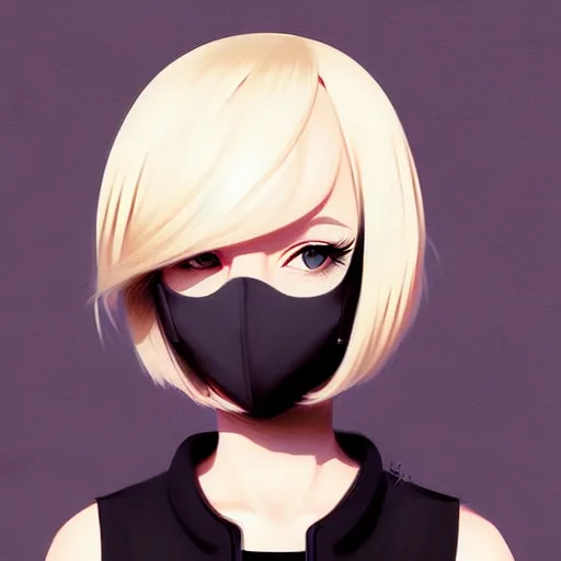 Image similar to urban girl fanart with black facemask, blond bob haircut, muted colors, matte print, pastel colors, ornate, digital art, cute smile, digital painting, fan art, elegant, pixiv, by Ilya Kuvshinov, by Studio Ghibli