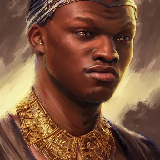 Image similar to KSI wearing a bandana, closeup, D&D style, fantasy, intricate, elegant, highly detailed, digital painting, artstation, concept art, matte, sharp focus, illustration, art by Artgerm and Greg Rutkowski and Alphonse Mucha