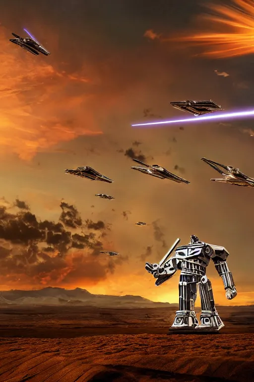 Prompt: jesus christ transformer robot standing in a hilly desert surrounded by wedding cakes, sunset, light shines down through a cloudy sky, jet planes fly overhead, contrails, nature documentary, imax, digital art, still from star wars, highly detailed, directed by ridley scott