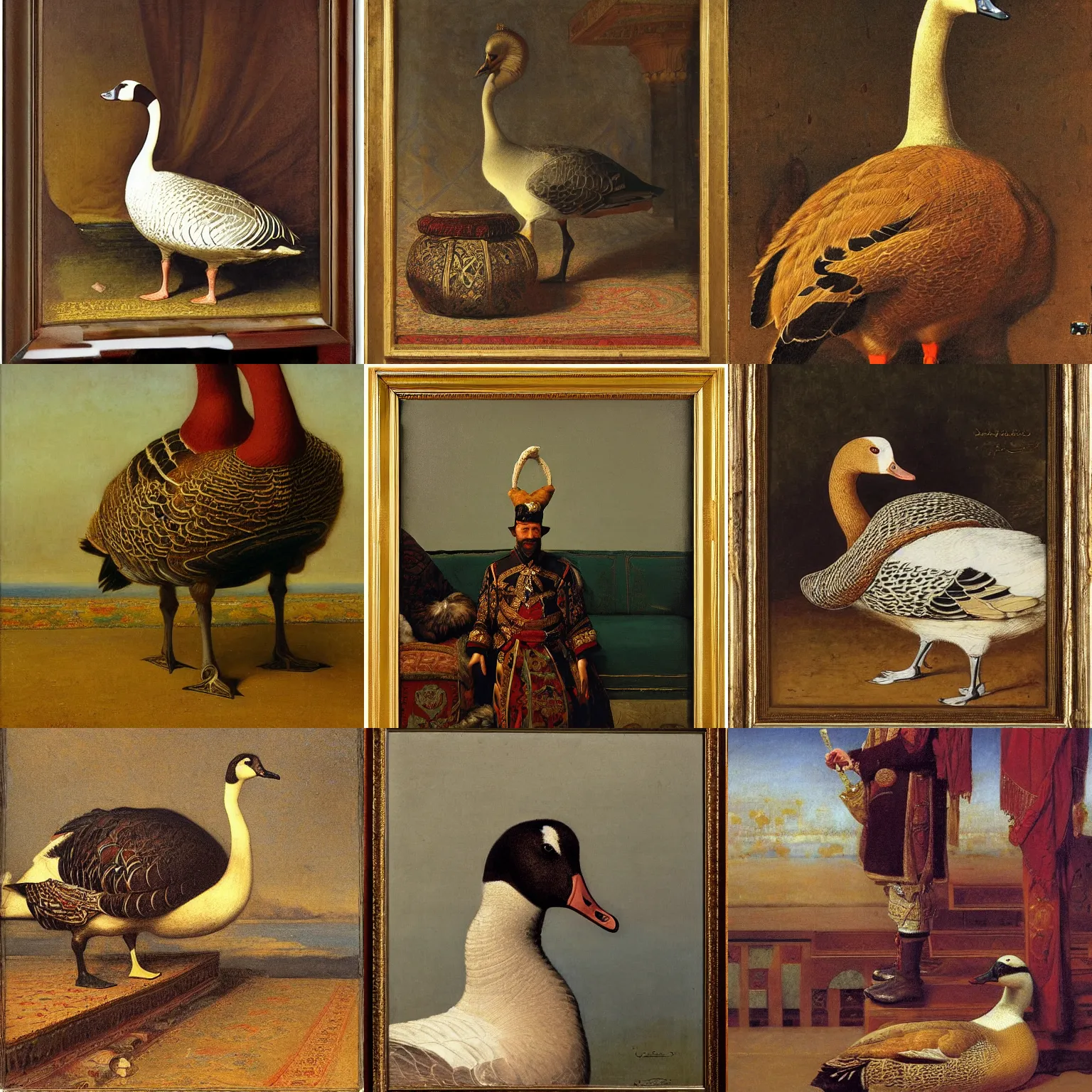 Prompt: detailed portrait of a goose as the ottoman sultan by rudolf ernst, john frederick lewis, jean - leon gerome, rudolf weisse, david roberts, charles theodore frere, alfred dehodencq, orientalism