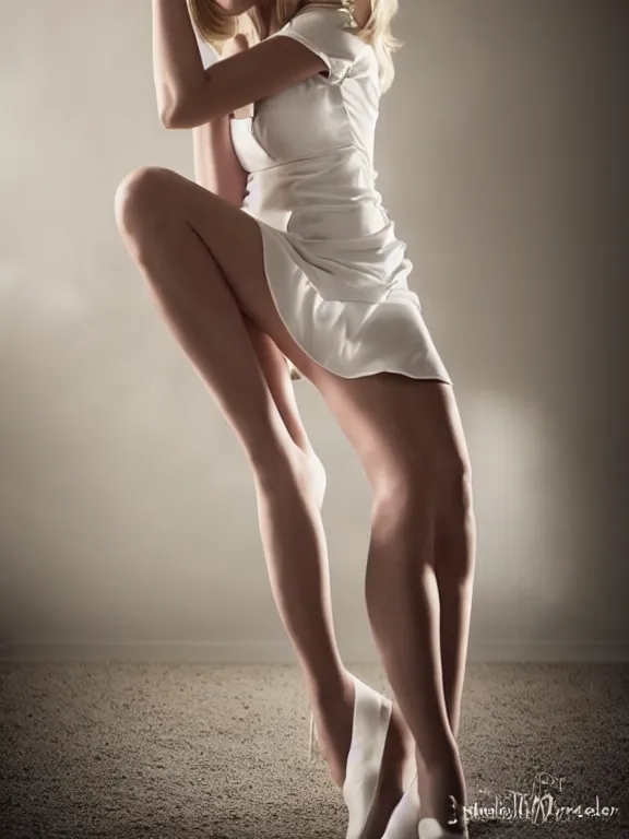 Image similar to studio photo of gorgeous seductive emily skinner cosplaying annie leonhart wearing tight white dress, beautiful face, pale skin, rule of thirds, cinematic lighting, sharp focus, backlit, stunning, smooth, hard focus, full body shot