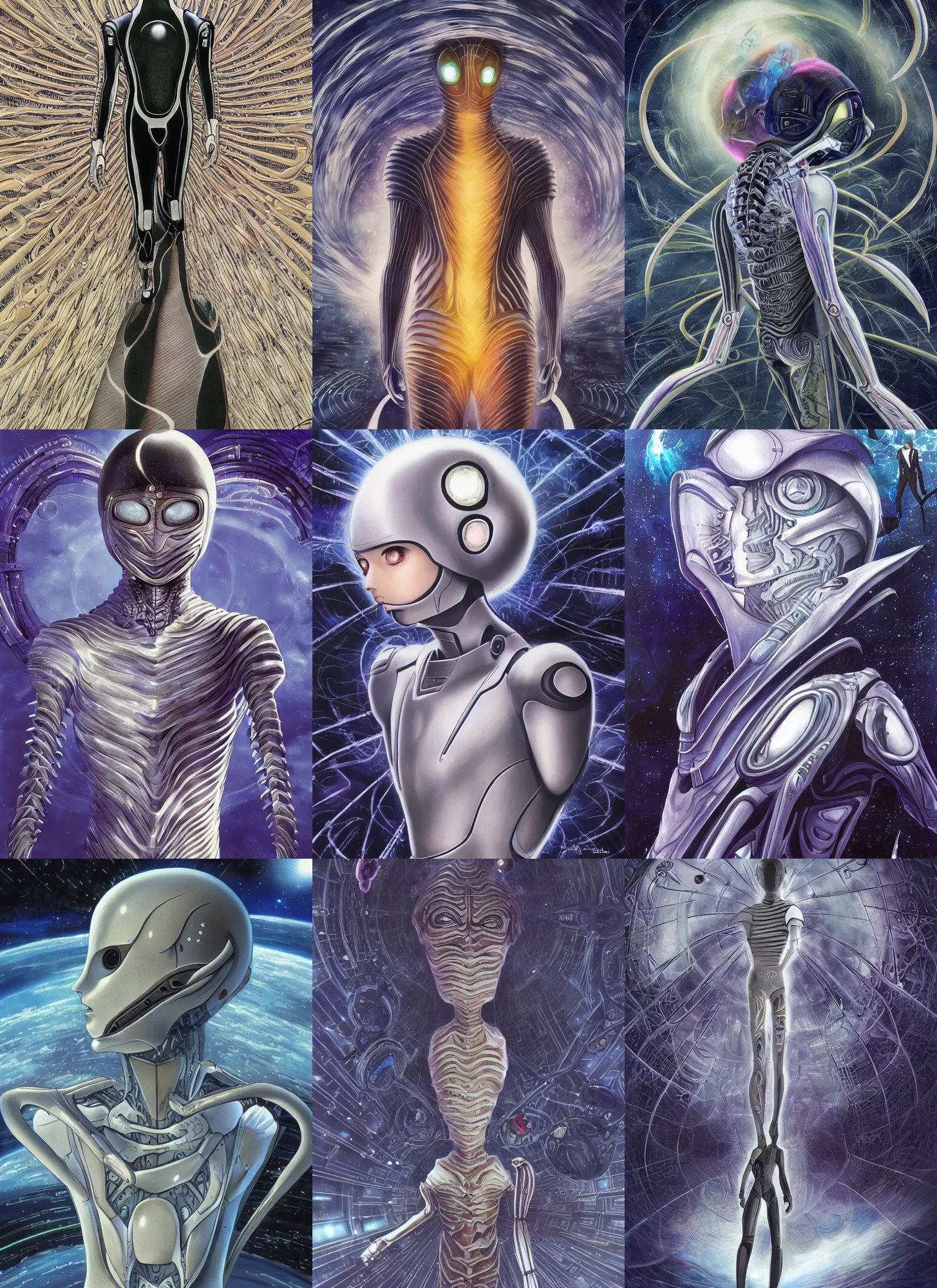 Image similar to a teen male in futuristic suit falls into a dream within a dream within a dream within a dream within a dream, h. r. giger, junji ito, alex grey, salvador dali, fractal, surreal art, semi realistic anime, studio ghibli, makoto shinkai, award winning illustration, masterpiece, trending on pixiv, 8 k