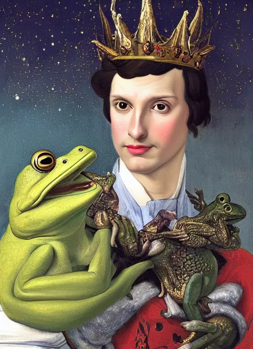 Image similar to close - up portrait of anthropomorphic prince with a head of frog, in a crown, bokeh, blurred space, stars, dreamy, romantic, painting in the museum, highly detailed, sharp focus, digital painting, artwork, by john james audubon by victor adame minguez by yuumei by tom lovell by sandro botticelli