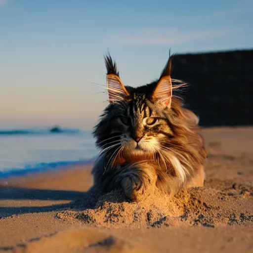 Prompt: a Maine coon building a sandcastle on the beach during the golden hour