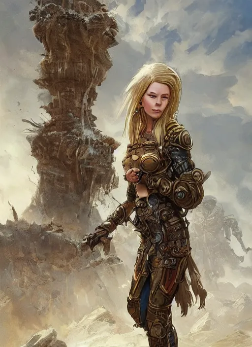 Image similar to highly detailed steampunk armor on a blond who is standing on a rock : greg rutkowski, magali villeneuve