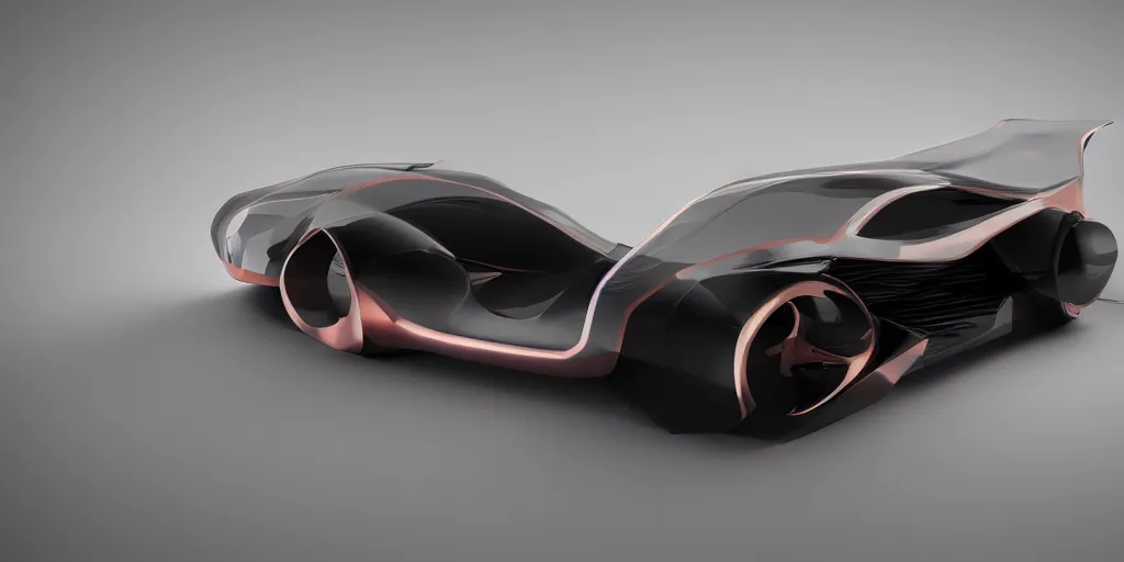 Image similar to a design of a futuristic coupe, designed by Polestar, blade runner background, stained antique copper car paint, black windows, dark show room, dramatic lighting, hyper realistic render, depth of field